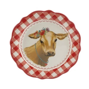 Four (4) Pioneer Woman ~ Red & White Gingham w/Cow Pattern ~ 8.7" Salad Plates - Picture 1 of 6