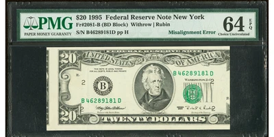 1995 Misaligned Face and Back Printing Error Fr. 2081-B $20 FRN PMG 64 EPQ - Image 1 of 2