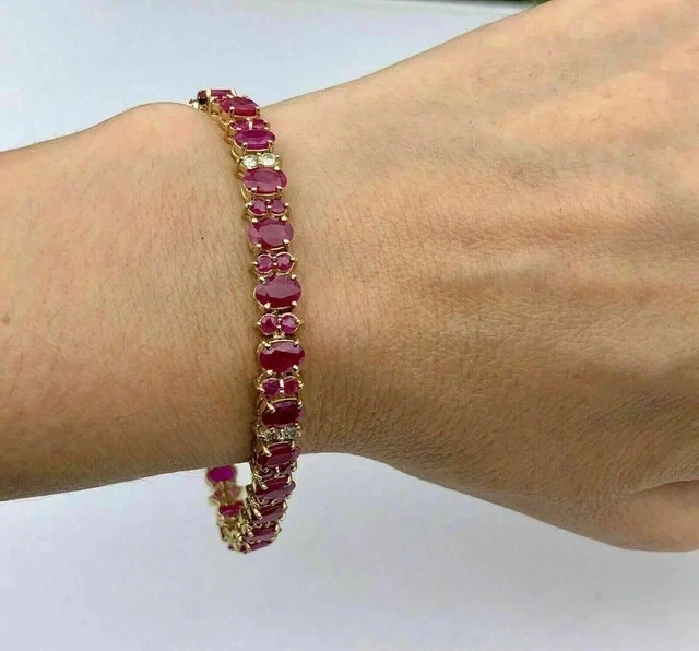 8Ct Oval Cut Lab Created Red Ruby Women Tennis Bracelet 14K Yellow Gold Plated - Image 1 of 3