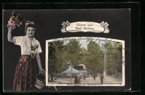 Ansichtskarte Bad Steben, Wiesenquelle mit Musikpavillon, Mädchen mit Blumen  - Picture 1 of 2