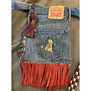 Handmade Denim Levi's Jean Bag Purse Crossbody Upcycle Boho Distressed Fringe - Picture 1 of 8