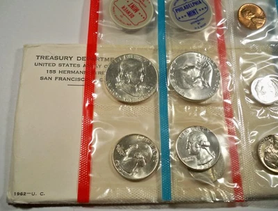 1962 US MINT SET 10 COINS BU P & D 1c 5c 10c 25c 50c 1.2297 oz SILVER - Image 1 of 4