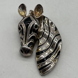 Vtg BEST Zebra Head Pendant Brooch Pin Black Enamel Silver Tone 2.5" - Picture 1 of 13