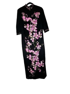 Vintage Alfred Shaheen Master Printer Black Long Dress Pink Cherry Blossoms - Picture 1 of 5