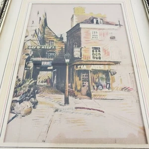The Square Artwork Village Street Scene Colored Pencil Print Framed Matted 9.75" - Picture 1 of 8