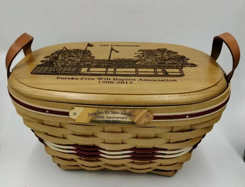 American Traditions Woven Lined Leather handled Basket 11x8x6 signed & dated Cover