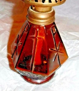 GLASS Oil Lamp Religious SYMBOLS ON GLASS VINTAGE AMBER COLORED MARKED MADE UK - Picture 1 of 5