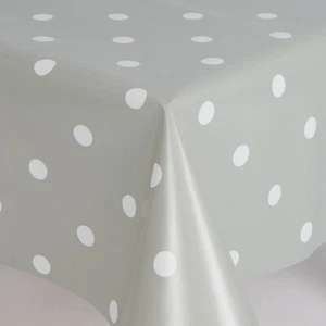 PVC PLASTIC VINYL TABLE CLOTH PROTECTOR SILVER GREY WHITE POLKA DOTS WIPECLEAN - Picture 1 of 19