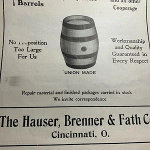 Cincinnati Ohio Beer Ad 1907 Brewery Beer Keg Cooperage Hauser Brenner Fath - Picture 1 of 6
