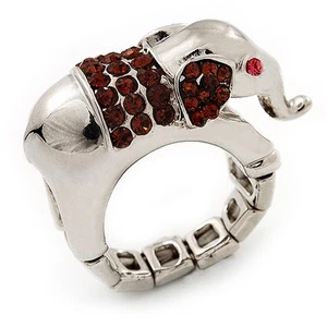 Rhodium Plated Diamante Elephant Stretch Ring - Picture 1 of 6