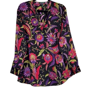 Lauren Ralph Lauren Tunic Top Womens 1X Plus Black Purple Dark Floral Popover - Picture 1 of 11
