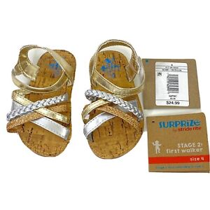 Stride Rite size 4 Stage 2 First Walker Rose Cecillia Strappy Sandal Gold Silver