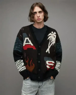 НОВЫЙ Allsaints мужчин moto жаккардовый кардиган в черный SZ XL #T3091 - Изображение 1 из 4