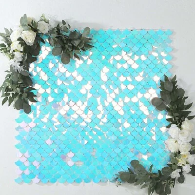 24 IRISDESCENT BLUE Mermaid Scales Sequin Wall Photo Backdrop PANELS Party - Image 1 of 4