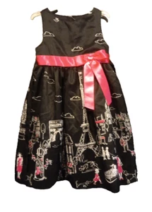 Vtg Rare Editions Dress Girl 6X Pink Bow French Cafe Eiffel Tower French Poodle - Picture 1 of 14