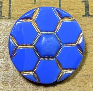 BUTTON Blue Periwinkle Glass w/Gold Outlined Hexagons NICE  - Picture 1 of 4