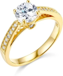 2 Ct Round Cut Solid 14K Yellow Gold Cathedral Milgrain Engagement Wedding Ring - Picture 1 of 3