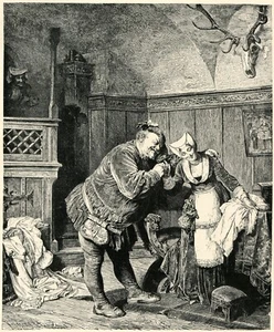 Falstaff y la señora Ford, alegres esposas de Windsor Shakespeare 1892 impresión artística vintage - Imagen 1 de 2