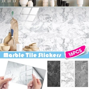 16x PVC Marble Tiles Sticker Wall Tiles Stick on Backsplash for Kitchen Bathroom - Picture 1 of 14