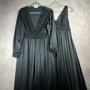 Vintage Shadowline Gown Robe Set Womens Size Large Black Lace Trim Wedding Sexy - Picture 1 of 13