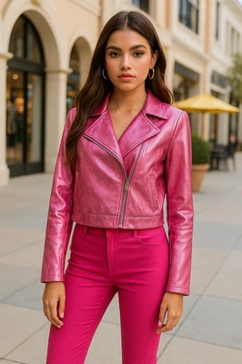 Girl's Wonder Nation Pink Metallic Moto Faux Leather Jacket Large (10-12) - Image 1 of 4