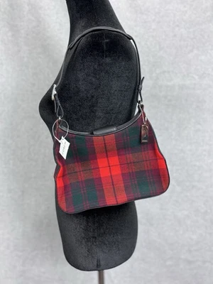 Bolso de mano vintage Y2K Tartán Coach 8133 lana a cuadros cuero negro cremallera rojo Foto 1 de 4