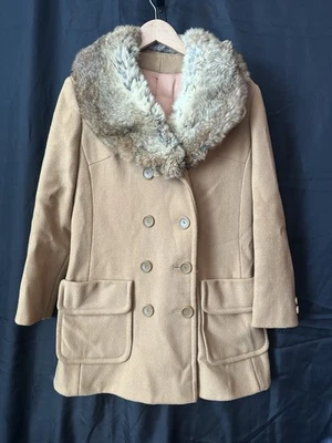 De Colección Años 60 70 Lana Cuello Piel Penny Lane Abrigo Chaqueta Bolsillos Camel Boho Piel Real Foto 1 de 4