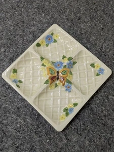 Butterfly Divided Dish Plate Platter Snack Tray Floral Ceramic Vintage 9x9" - Picture 1 of 7