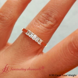 Fede Nuziale 1/2 Ctw Taglio Smeraldo Diamante Creato in Laboratorio 5 Pietre Oro Massiccio 14K - Foto 1 di 26