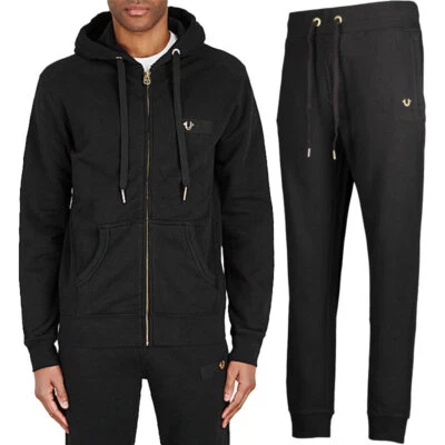 True Religion Mens Zip Hoodie Jogger Casual Hooded Cotton Hoody Top Bottom Black - Image 1 of 4