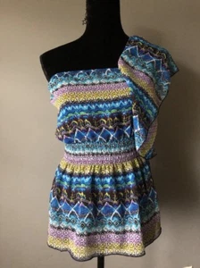 Speechless NWT Small Multi-Colored Sheer Patterned One Shoulder Blouse Top - Picture 1 of 4