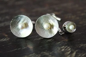 Vtg 925 Sterling Silver Concave Round Pearl Accent Cufflinks Tie Tack SET 11.6g - Picture 1 of 9