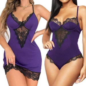 Women's Eyelash Trim One Piece Lace Lingerie Bodysuit/ Sleep Dress Sleepwear US - Picture 1 of 56