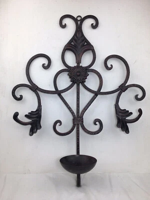 Vintage Cast Iron & Tin 15” X 18” Candle Wall Sconce Rustic Brown Farm House - Image 1 of 4