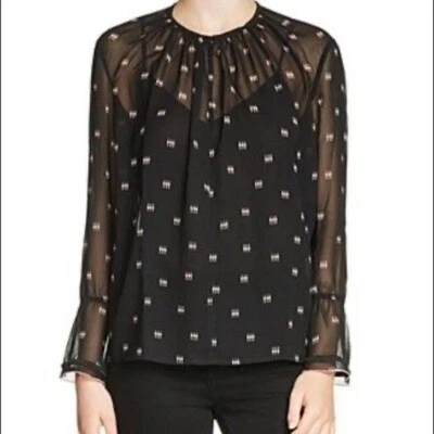 Maje Litea Trimmed Printed Semi Sheer Voile Bell Sleeve Blouse Size 1  Small - Image 1 of 4