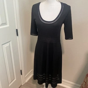 BCBG Maxazria Dress Black Knit Detailed Neckline Waist Hem Sleeve LZL6L742 Mediu - Picture 1 of 11
