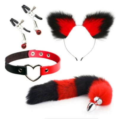 4x  Set Fox Butt Tail Cat Ears Headbands Collar Cosplay Women Cute Soft Sexy - Image 1 of 4