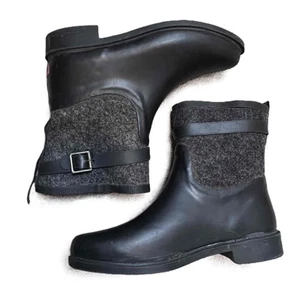 Chooka Black Gray Buckled Fabric Mid Wool Rain Boots US 10 Ankle Strap - Picture 1 of 10