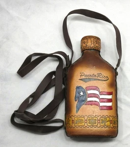 Vintage Puerto Rico Glass & Leather Colored Stamped Embossed Flask w/Strap #589 - Picture 1 of 7