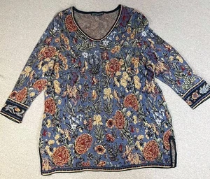 Peruvian Connection Sweater Women XL Blue Beige Floral Vneck Pullover Cotton - Picture 1 of 11
