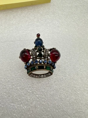 Silver Crown Trifari Sterling Signed Crown Brooch Vintage Red Blue Glass - Image 1 of 4