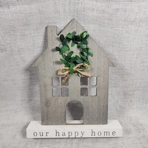 OUR HAPPY HOME Wooden Plaque Sign House Wreath Decor Gray Neutrals 10" Tall - Picture 1 of 8