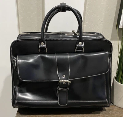 Franklin Covey Black Leather Wheeled Carry On Travel Bag Briefcase Compartments - Image 1 of 4