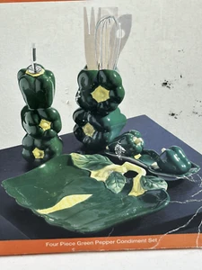 Vintage Four Piece Ceramic Green Pepper Condiment Kitchen Set in Original Box - Picture 1 of 22