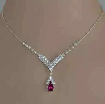 20Ct Pear Cut Lab-Created Ruby Tennis Necklace 14k White Gold Plated Women's - Image 1 of 2