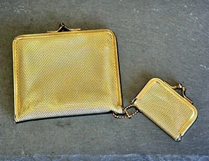 Vintage Gold Foil Wallet With Matching Coin Purse Kiss Closure Chain Attached - Picture 1 of 8