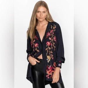 Johnny Was Lilith Drache Blumen bestickt hoher Schlitz schwarz Tunika Top Größe Large - Bild 1 von 16