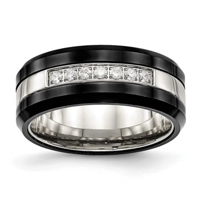 Stainless Steel Polished Black Ceramic CZ Beveled Edge Ring - Image 1 of 4