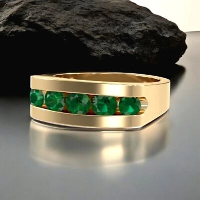 Esmeralda corte redondo con anillo chapado en oro de plata de ley 925 para hombre #502 * Foto 1 de 4