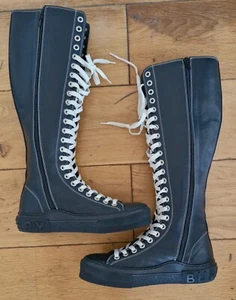 Burberry Black leather lace up biker Boots knee high EU42 UK9 NEW - Picture 1 of 12